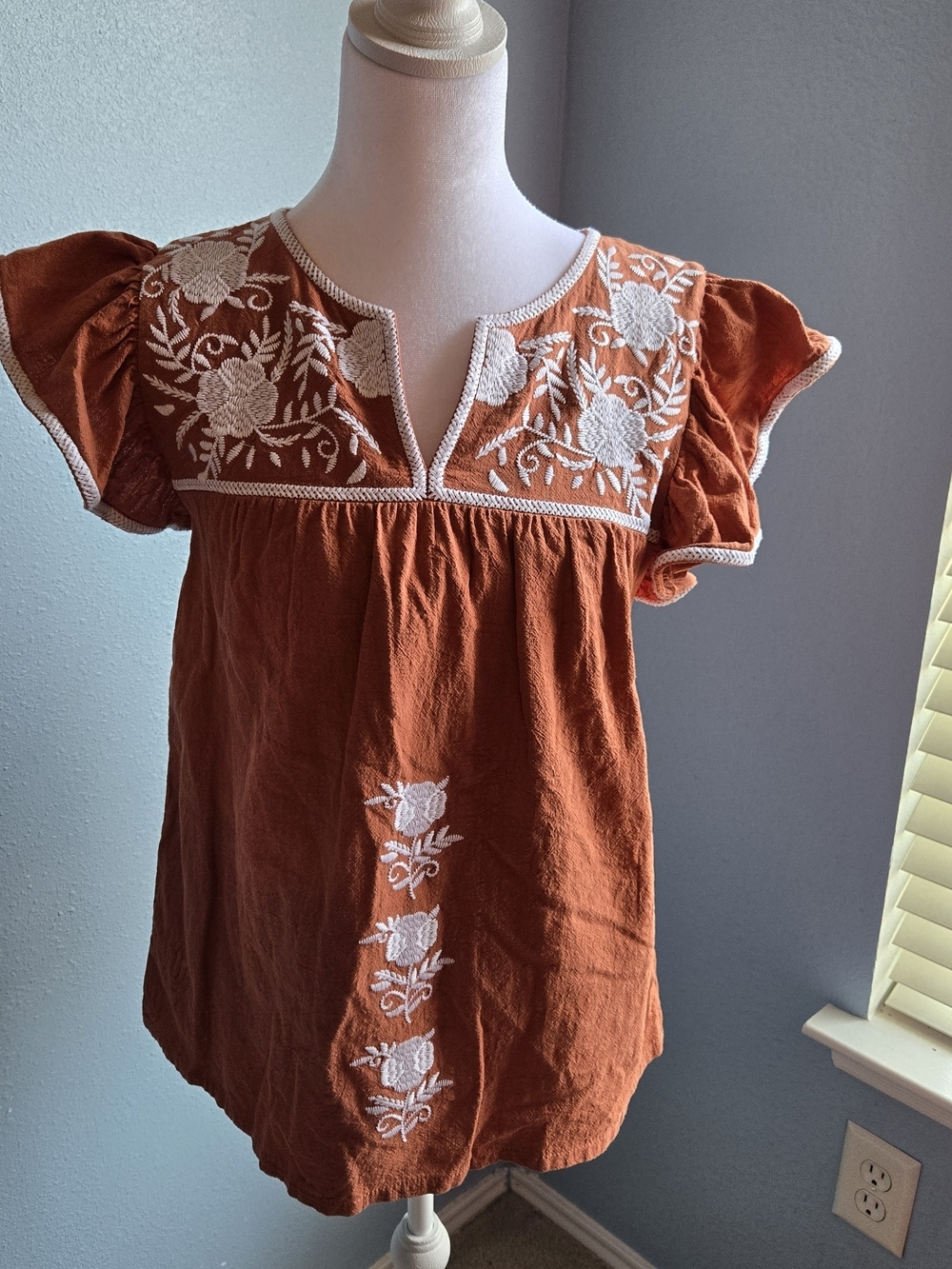 Embroidered Rust Orange Cotton Peasant Top